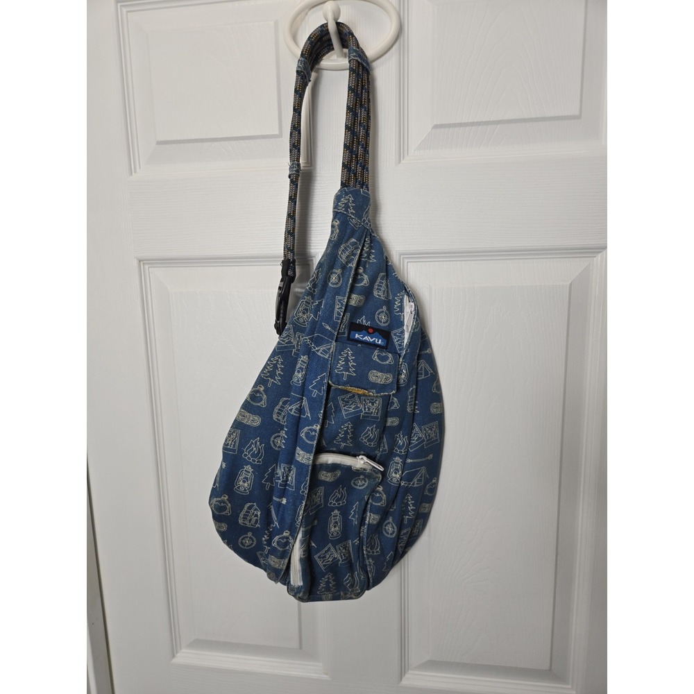 Kavu Crossbody Blue Canvas Cotton Camping Forrest Pattern Sling Rope Backpack